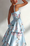 Vestido largo largo de satén estampado con volantes azul A Line