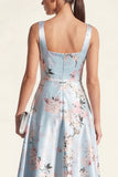 Vestido midi midi de satén estampado en cuello azul azul