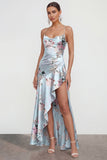 Vestido floral estampado rosa A Line con tirantes finos y abertura de volantes