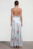Vestido floral estampado rosa A Line con tirantes finos y abertura de volantes