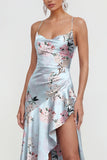 Vestido floral estampado rosa A Line con tirantes finos y abertura de volantes