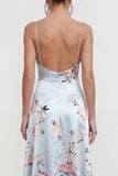 Vestido floral estampado rosa A Line con tirantes finos y abertura de volantes