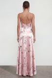 Vestido floral estampado rosa A Line con tirantes finos y abertura de volantes