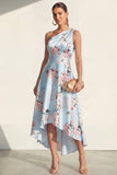 Vestido midi floral azul estampado de un hombro A Line