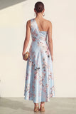 Vestido midi floral azul estampado de un hombro A Line