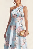 Vestido midi floral azul estampado de un hombro A Line
