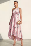 Vestido midi floral azul estampado de un hombro A Line