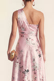 Vestido midi floral azul estampado de un hombro A Line