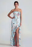 Corsé rosa sin tirantes funda, vestido largo floral con abertura con volantes