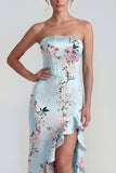 Corsé rosa sin tirantes funda, vestido largo floral con abertura con volantes