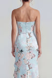 Corsé rosa sin tirantes funda, vestido largo floral con abertura con volantes