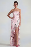 Corsé rosa sin tirantes funda, vestido largo floral con abertura con volantes