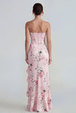 Corsé rosa sin tirantes funda, vestido largo floral con abertura con volantes