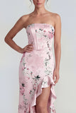 Corsé rosa sin tirantes funda, vestido largo floral con abertura con volantes
