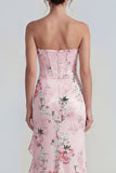 Corsé rosa sin tirantes funda, vestido largo floral con abertura con volantes