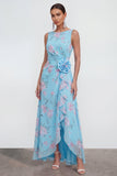 Vestido largo de gasa azul 3D con estampado de flores en A y abertura de volantes