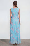 Vestido largo de gasa azul 3D con estampado de flores en A y abertura de volantes