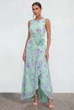 Vestido largo de gasa azul 3D con estampado de flores en A y abertura de volantes