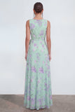 Vestido largo de gasa azul 3D con estampado de flores en A y abertura de volantes