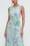 Vestido largo de gasa azul 3D con estampado de flores en A y abertura de volantes