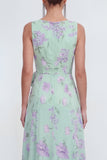 Vestido largo de gasa azul 3D con estampado de flores en A y abertura de volantes