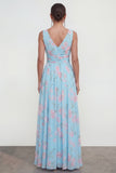 Vestido largo floral de gasa azul A-line de escote en V