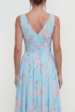Vestido largo floral de gasa azul A-line de escote en V