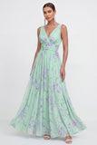 Vestido largo floral de gasa azul A-line de escote en V