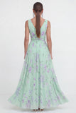 Vestido largo floral de gasa azul A-line de escote en V
