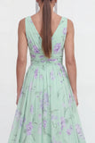 Vestido largo floral de gasa azul A-line de escote en V