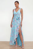 Vestido floral azul de chiffon A-line con abertura lateral fruncido y flor 3D