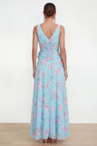 Vestido floral azul de chiffon A-line con abertura lateral fruncido y flor 3D
