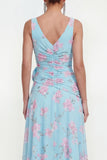 Vestido floral azul de chiffon A-line con abertura lateral fruncido y flor 3D