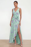Vestido floral azul de chiffon A-line con abertura lateral fruncido y flor 3D