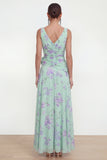 Vestido floral azul de chiffon A-line con abertura lateral fruncido y flor 3D