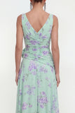 Vestido floral azul de chiffon A-line con abertura lateral fruncido y flor 3D
