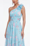 Vestido floral verde de gasa fruncido en línea A de un solo hombro con flor 3D