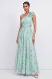 Vestido floral verde de gasa fruncido en línea A de un solo hombro con flor 3D