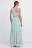 Vestido floral verde de gasa fruncido en línea A de un solo hombro con flor 3D