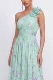Vestido floral verde de gasa fruncido en línea A de un solo hombro con flor 3D