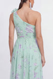 Vestido floral verde de gasa fruncido en línea A de un solo hombro con flor 3D