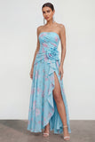 Vestido floral azul 3D con volantes y abertura sin tirantes azul A-Line