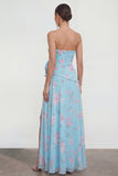 Vestido floral azul 3D con volantes y abertura sin tirantes azul A-Line