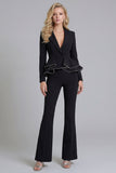 Traje negro de graduación de dos piezas, solapa muescada y pierna ancha y doble cruzado, con volantes