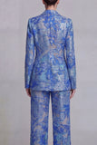 Trajes de baile de graduación florales de encaje azul oscuro, de dos piezas, solapa muescada y pecho simple