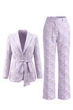 Traje de baile de graduación floral lila de dos piezas, solapa de pico y pierna ancha con cinturón