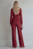Trajes de solapa Red Lace Peak Floral de dos piezas ajustados con cinturón y cinturón