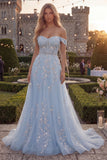 Corsé azul de tul con línea A y vestido largo de fin de curso con apliques