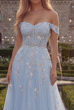 Corsé azul de tul con línea A y vestido largo de fin de curso con apliques