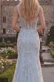 Vestido largo de graduación con tirantes finos de sirena azul brillante con tirantes finos aplicados
